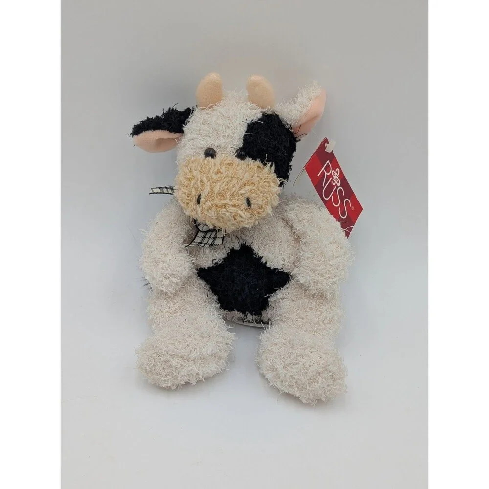 Russ Berrie Cow Plush Black White Stuffed Animal Gingham Bow Vintage 90s Farm...